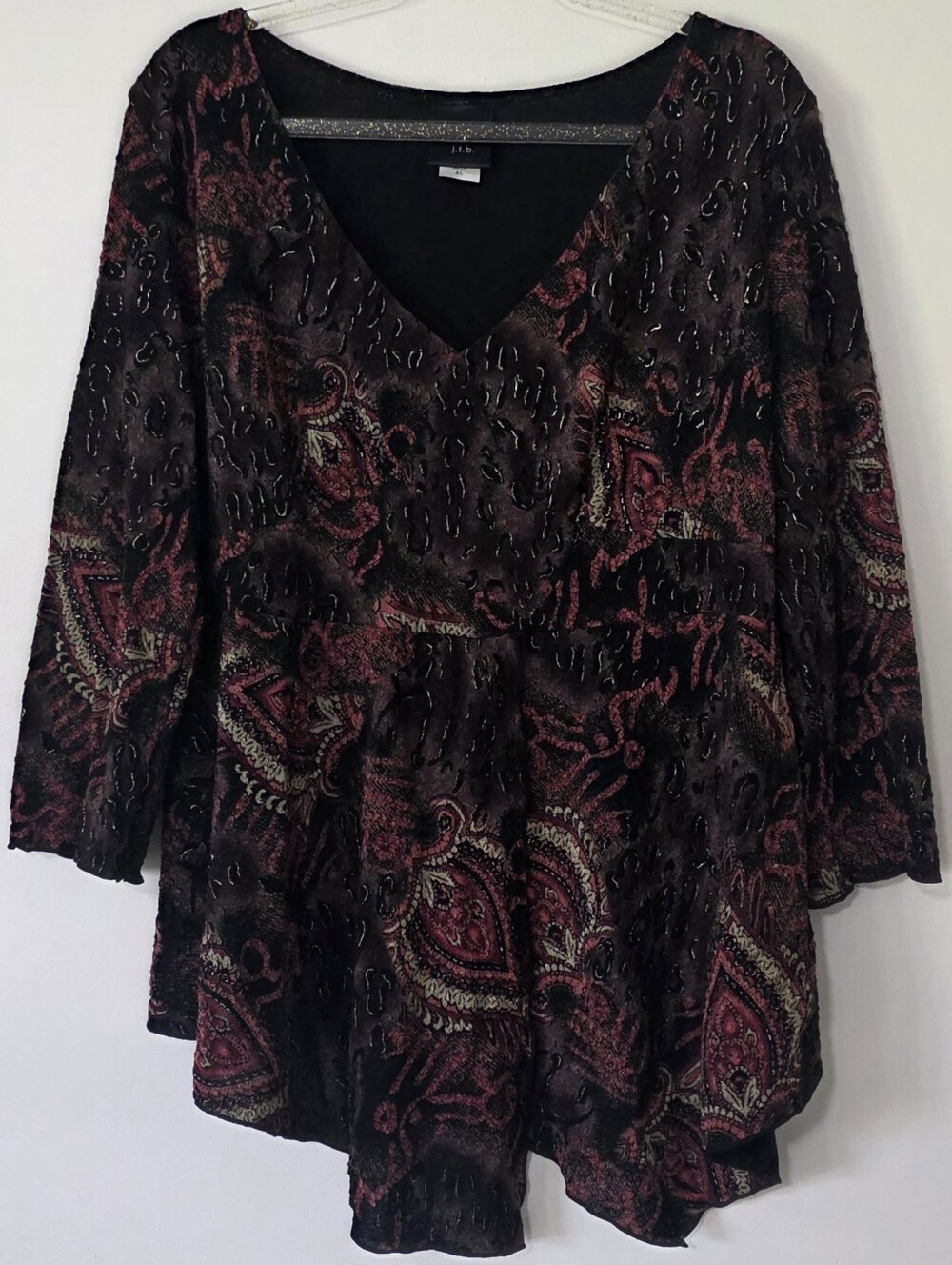 J.T.B Black Paisley V-neck Blouse Whimsigoth Dark Boho Fairy Grunge Witchy XL